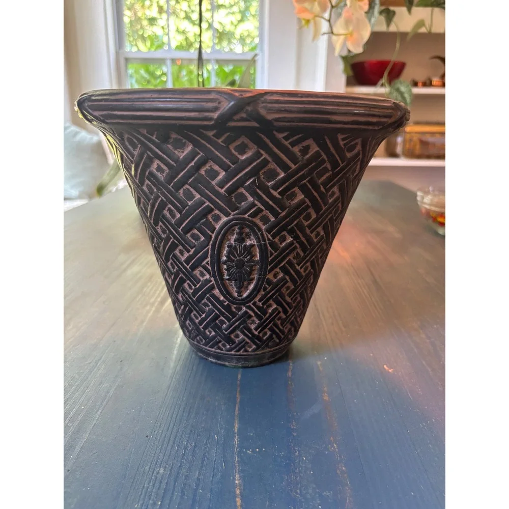 PEGA Cast Stone Basketweave Planter Floral Medallion Tapered Garden Pot